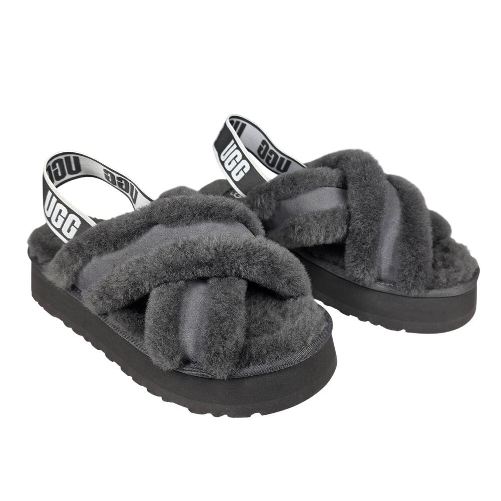 UGG WOMEN’S DISCO CROSS SLIDE – ELASTIC STRAP – LAMB FUR – SIZE 9 – GRAY – NWOB
